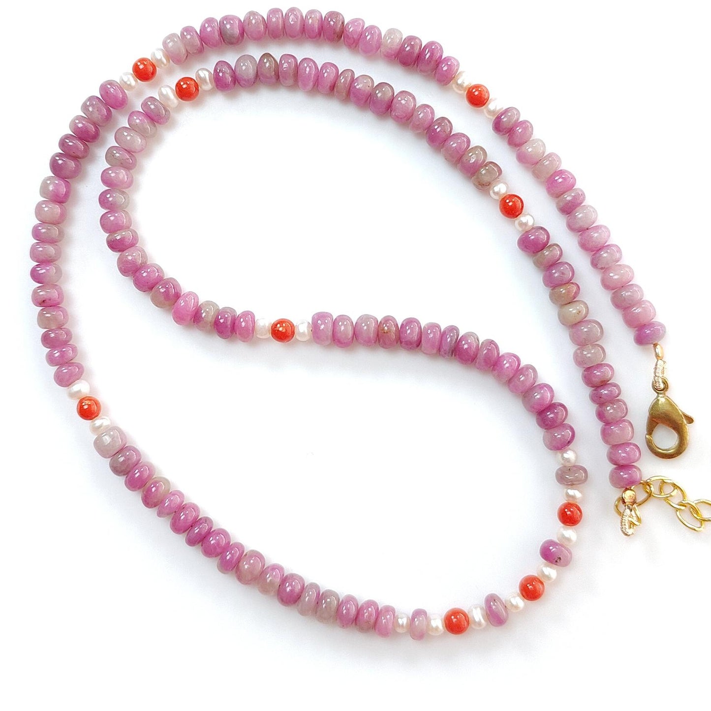 Zoisite Ruby Gemstone Beads Necklace: 20.33gms Natural Untreated Ruby, White Pearl & Red Coral Plain Rondelle Brass Necklace 4.5mm - 5mm 18"