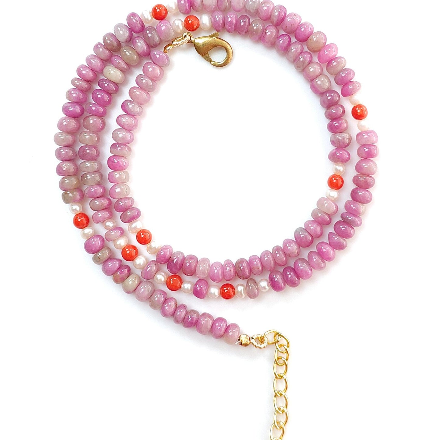 Zoisite Ruby Gemstone Beads Necklace: 20.33gms Natural Untreated Ruby, White Pearl & Red Coral Plain Rondelle Brass Necklace 4.5mm - 5mm 18"