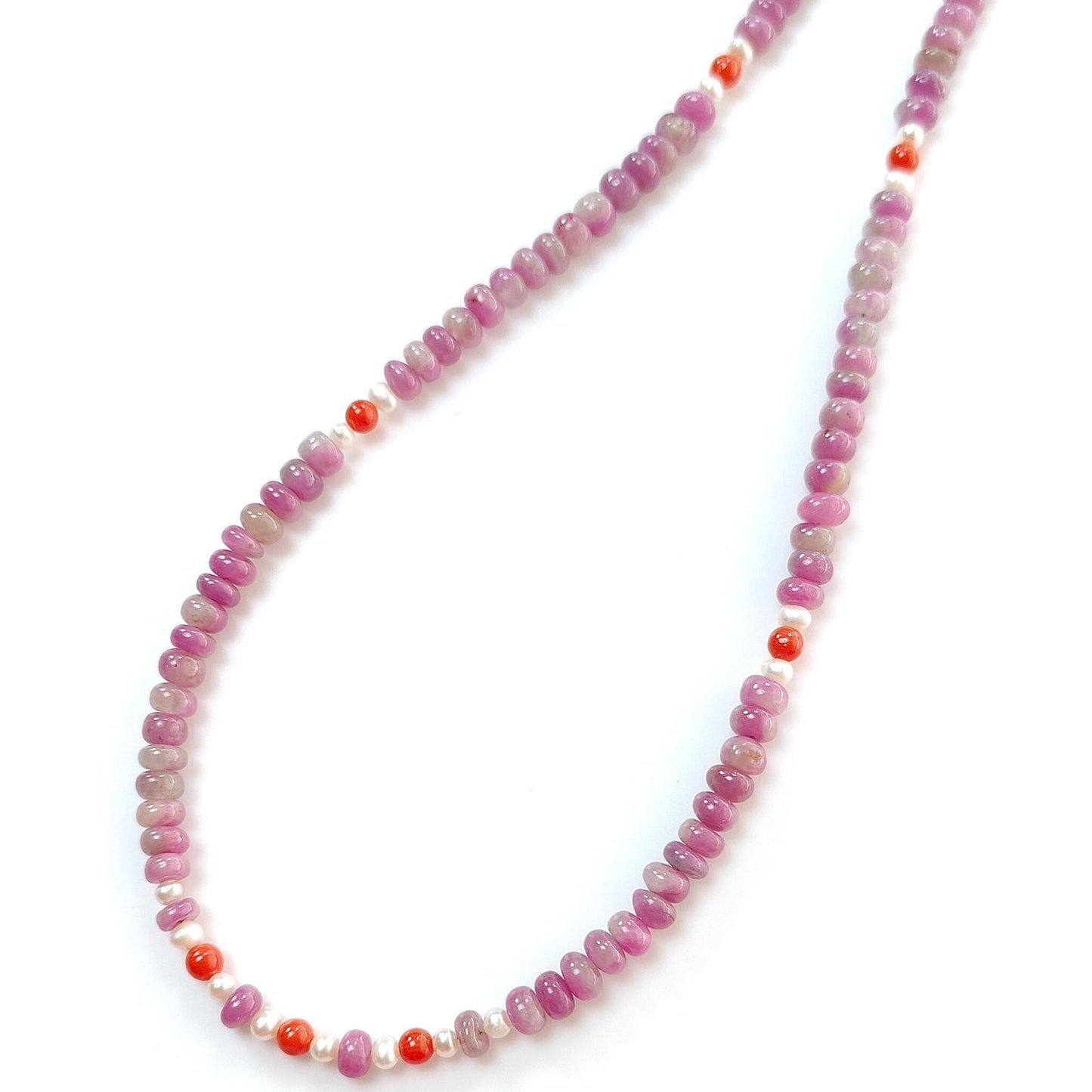 Zoisite Ruby Gemstone Beads Necklace: 20.33gms Natural Untreated Ruby, White Pearl & Red Coral Plain Rondelle Brass Necklace 4.5mm - 5mm 18"