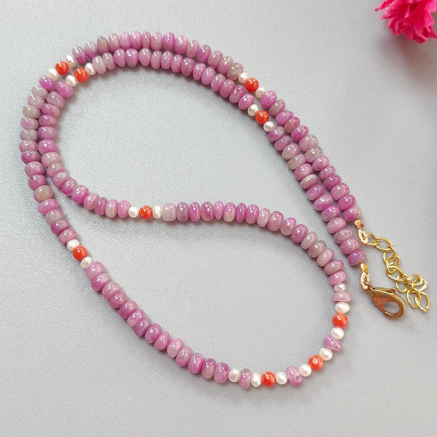 Zoisite Ruby Gemstone Beads Necklace: 20.33gms Natural Untreated Ruby, White Pearl & Red Coral Plain Rondelle Brass Necklace 4.5mm - 5mm 18"