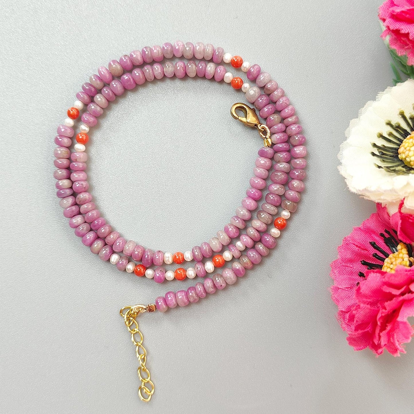 Zoisite Ruby Gemstone Beads Necklace: 20.33gms Natural Untreated Ruby, White Pearl & Red Coral Plain Rondelle Brass Necklace 4.5mm - 5mm 18"