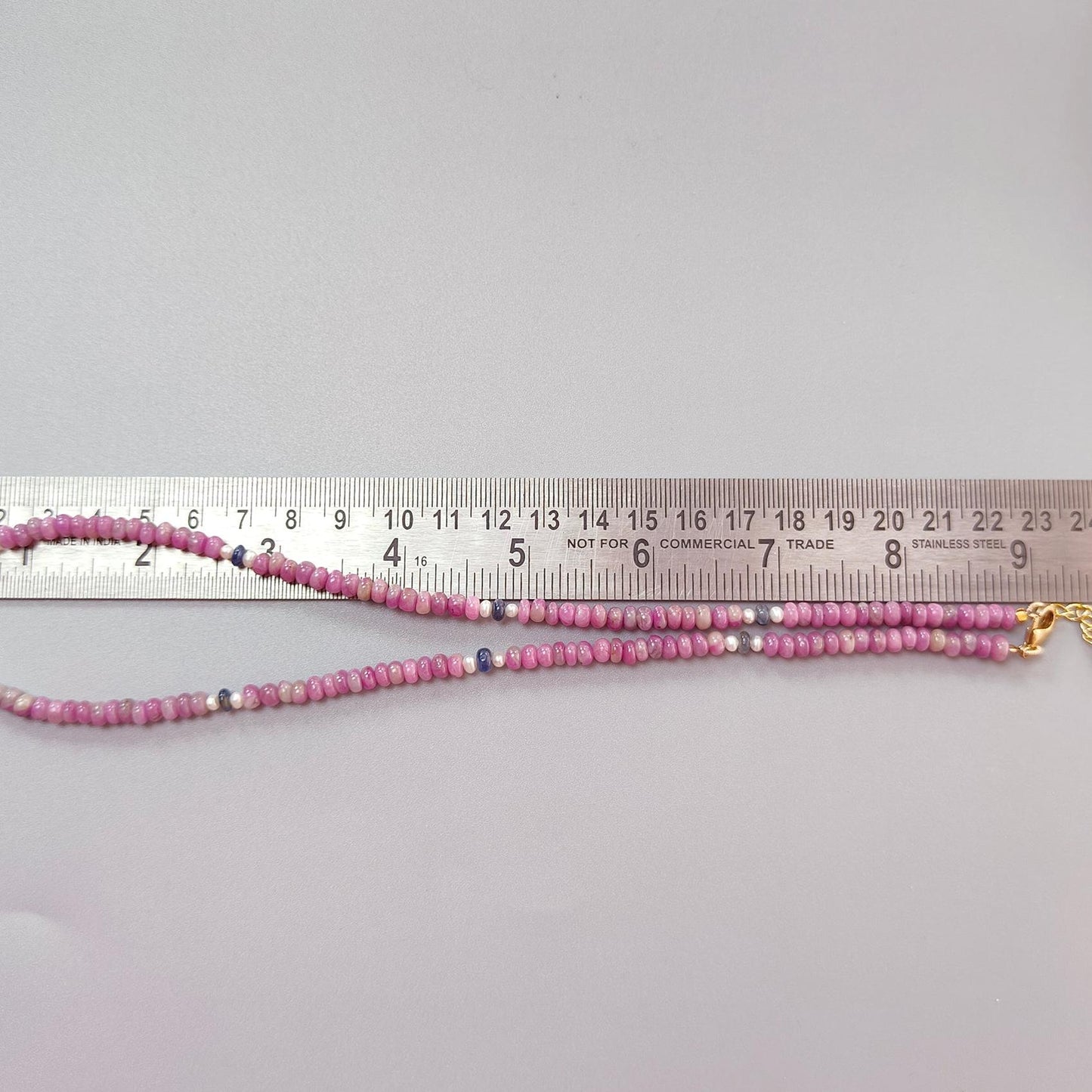 Zoisite Ruby Gemstone Beads Necklace: 21.22gms Natural Ruby, White Pearl & Blue Sapphire Plain Rondelle Brass Necklace 4.5mm - 5mm 18"
