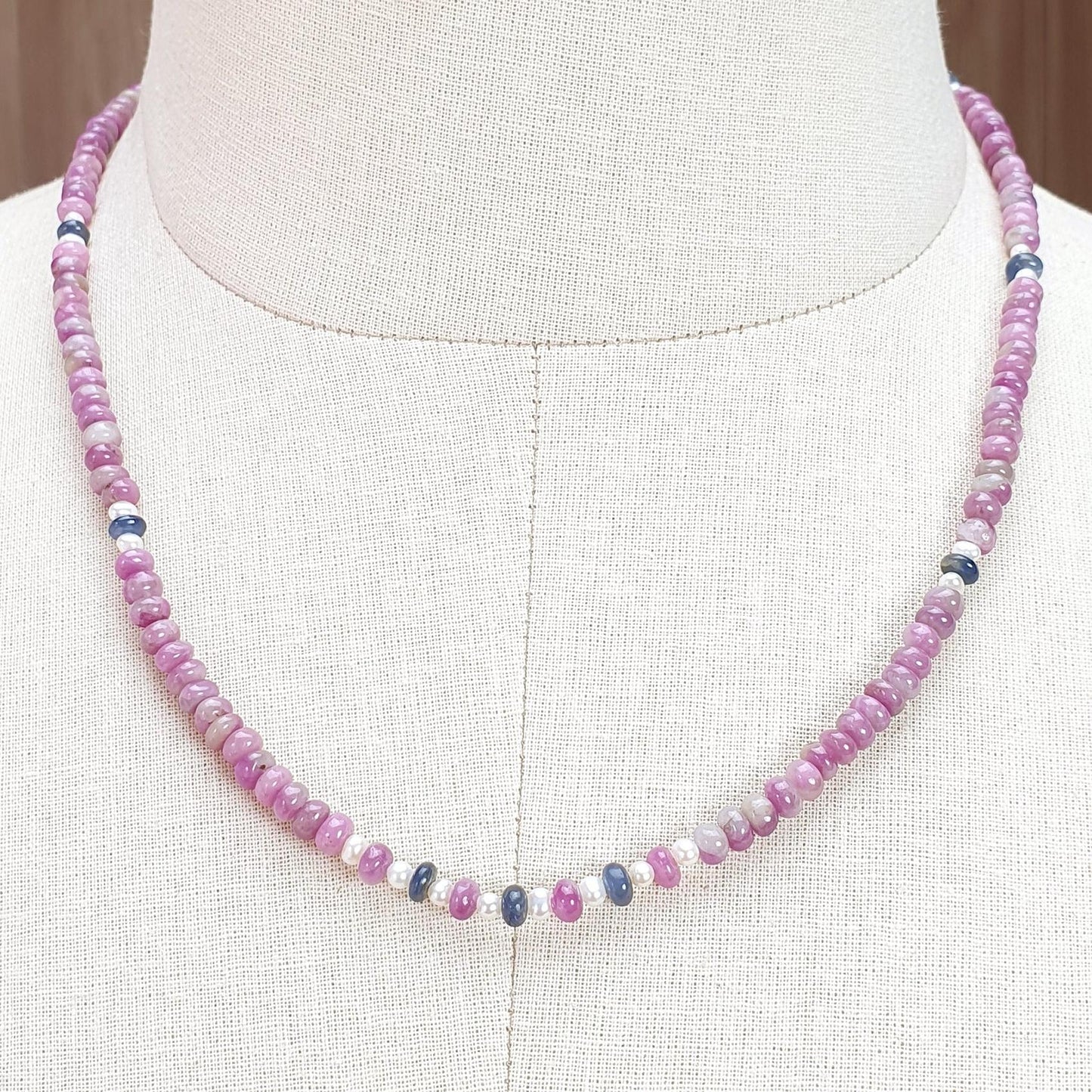 Zoisite Ruby Gemstone Beads Necklace: 21.22gms Natural Ruby, White Pearl & Blue Sapphire Plain Rondelle Brass Necklace 4.5mm - 5mm 18"