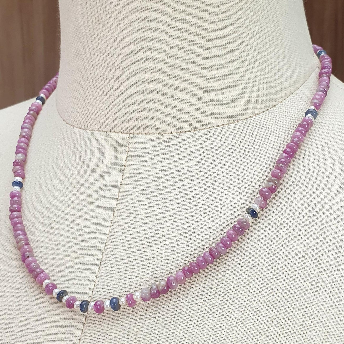 Zoisite Ruby Gemstone Beads Necklace: 21.22gms Natural Ruby, White Pearl & Blue Sapphire Plain Rondelle Brass Necklace 4.5mm - 5mm 18"