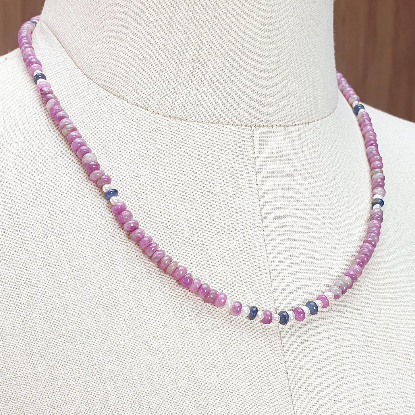 Zoisite Ruby Gemstone Beads Necklace: 21.22gms Natural Ruby, White Pearl & Blue Sapphire Plain Rondelle Brass Necklace 4.5mm - 5mm 18"