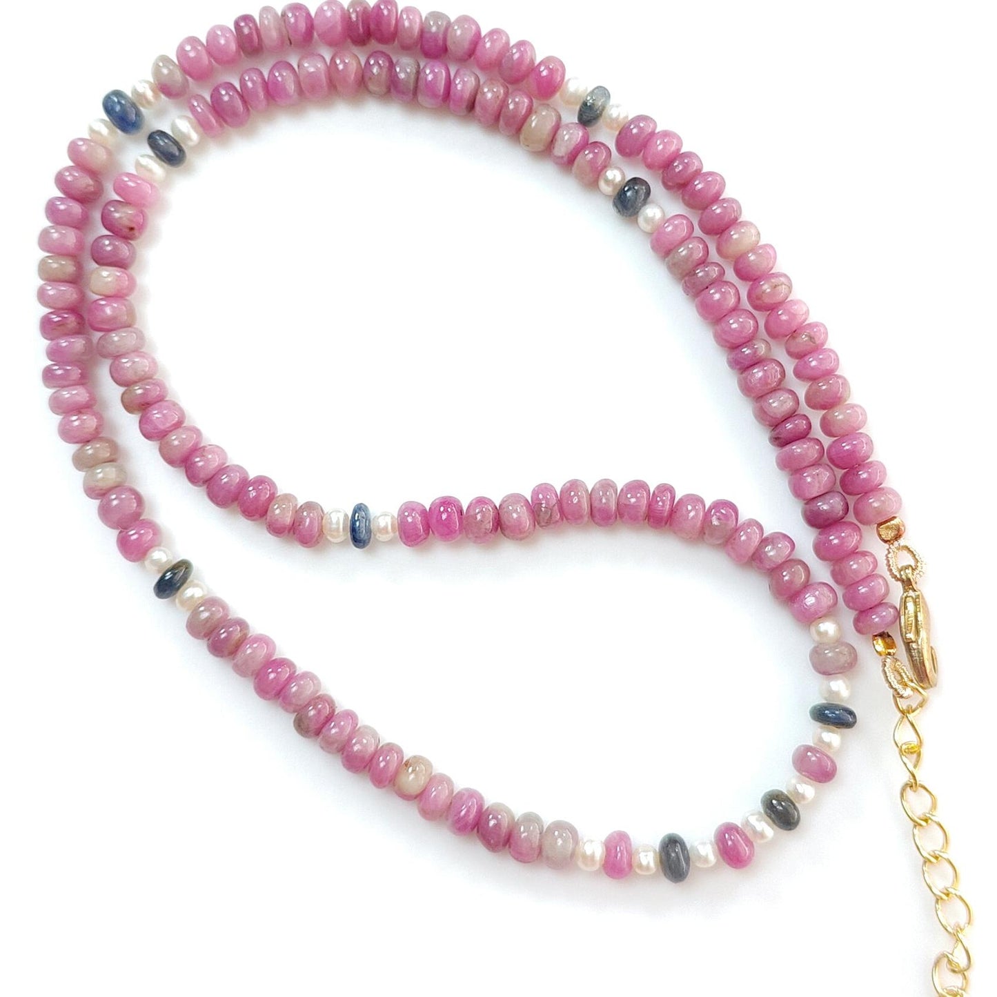 Zoisite Ruby Gemstone Beads Necklace: 21.22gms Natural Ruby, White Pearl & Blue Sapphire Plain Rondelle Brass Necklace 4.5mm - 5mm 18"