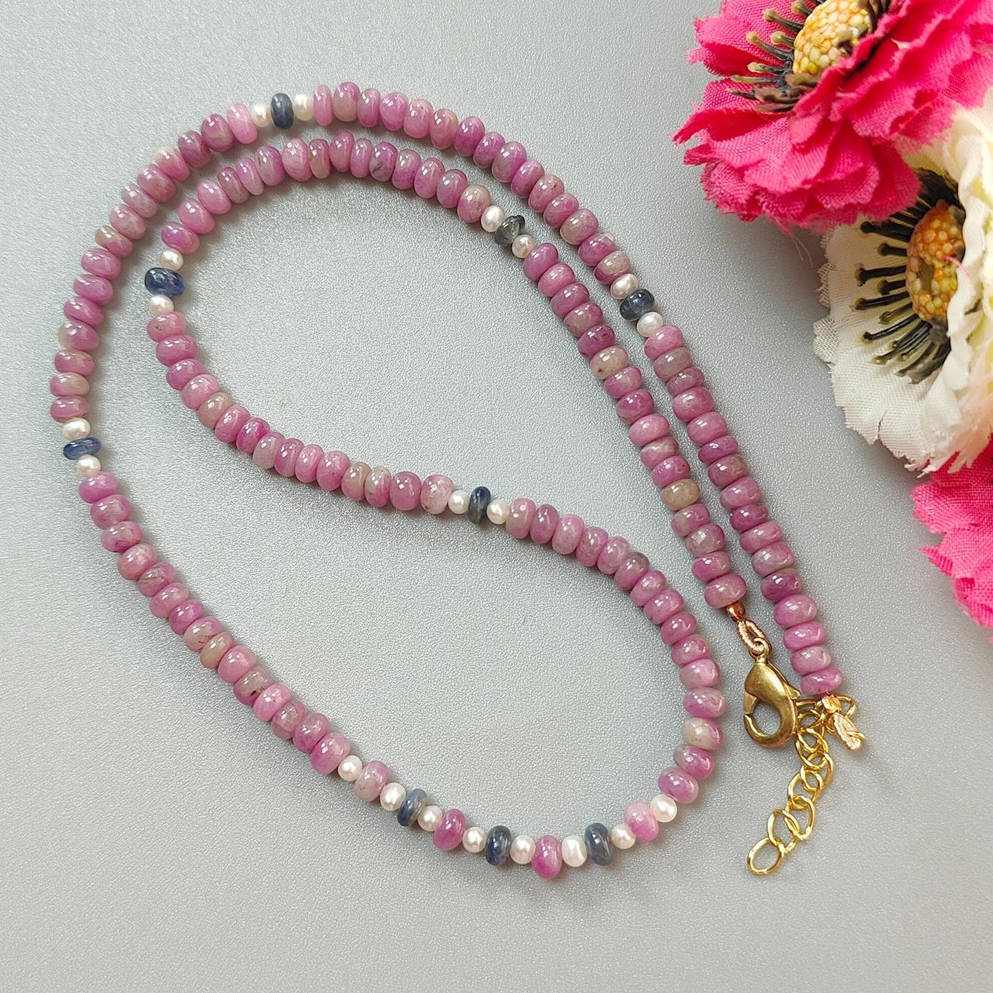 Zoisite Ruby Gemstone Beads Necklace: 21.22gms Natural Ruby, White Pearl & Blue Sapphire Plain Rondelle Brass Necklace 4.5mm - 5mm 18"