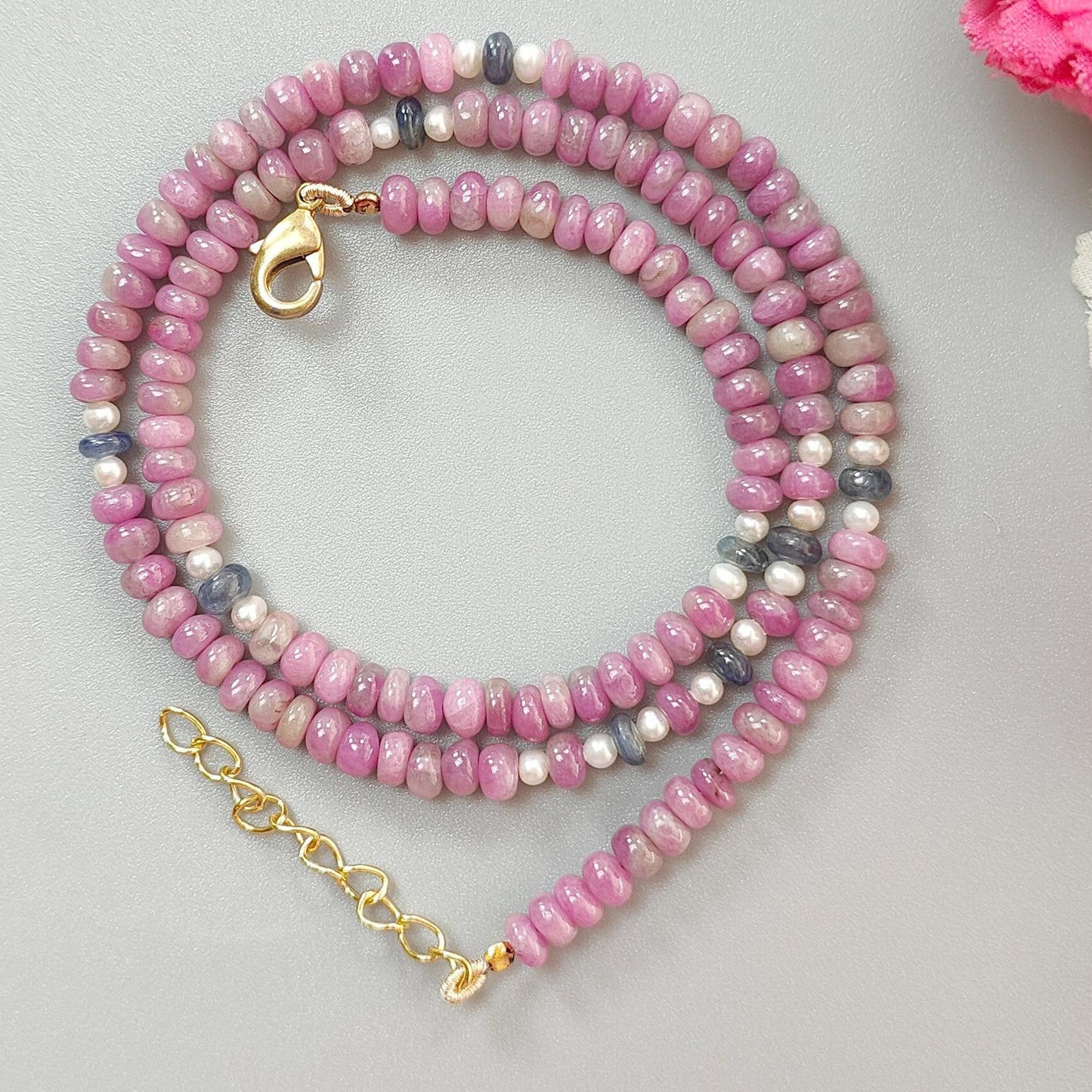 Zoisite Ruby Gemstone Beads Necklace: 21.22gms Natural Ruby, White Pearl & Blue Sapphire Plain Rondelle Brass Necklace 4.5mm - 5mm 18"