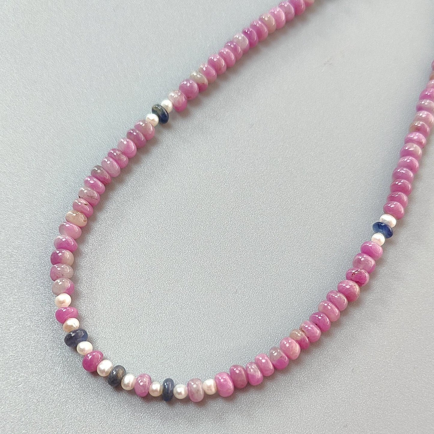 Zoisite Ruby Gemstone Beads Necklace: 21.22gms Natural Ruby, White Pearl & Blue Sapphire Plain Rondelle Brass Necklace 4.5mm - 5mm 18"