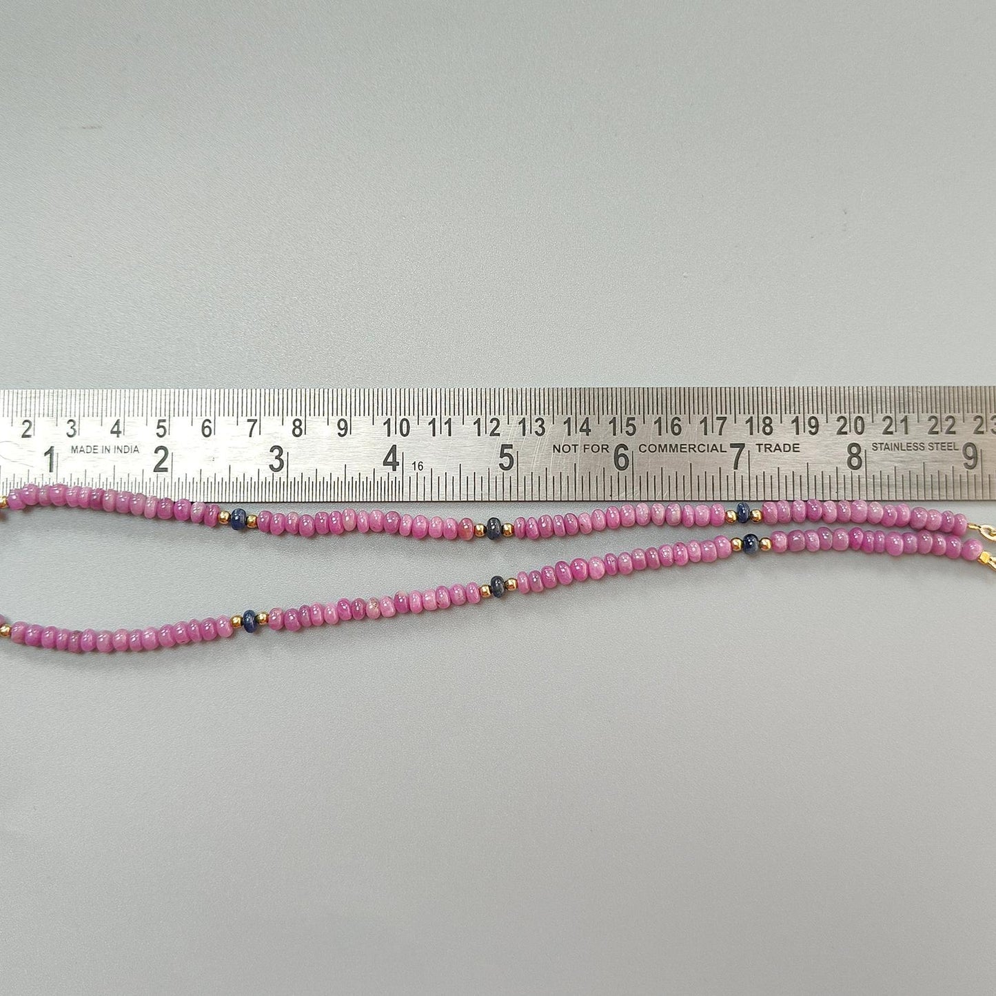 Ruby Gemstone Beads Necklace: 23gms Natural Untreated Ruby, Blue Sapphire Plain Rondelle Brass Necklace 4.5mm - 5mm 18"