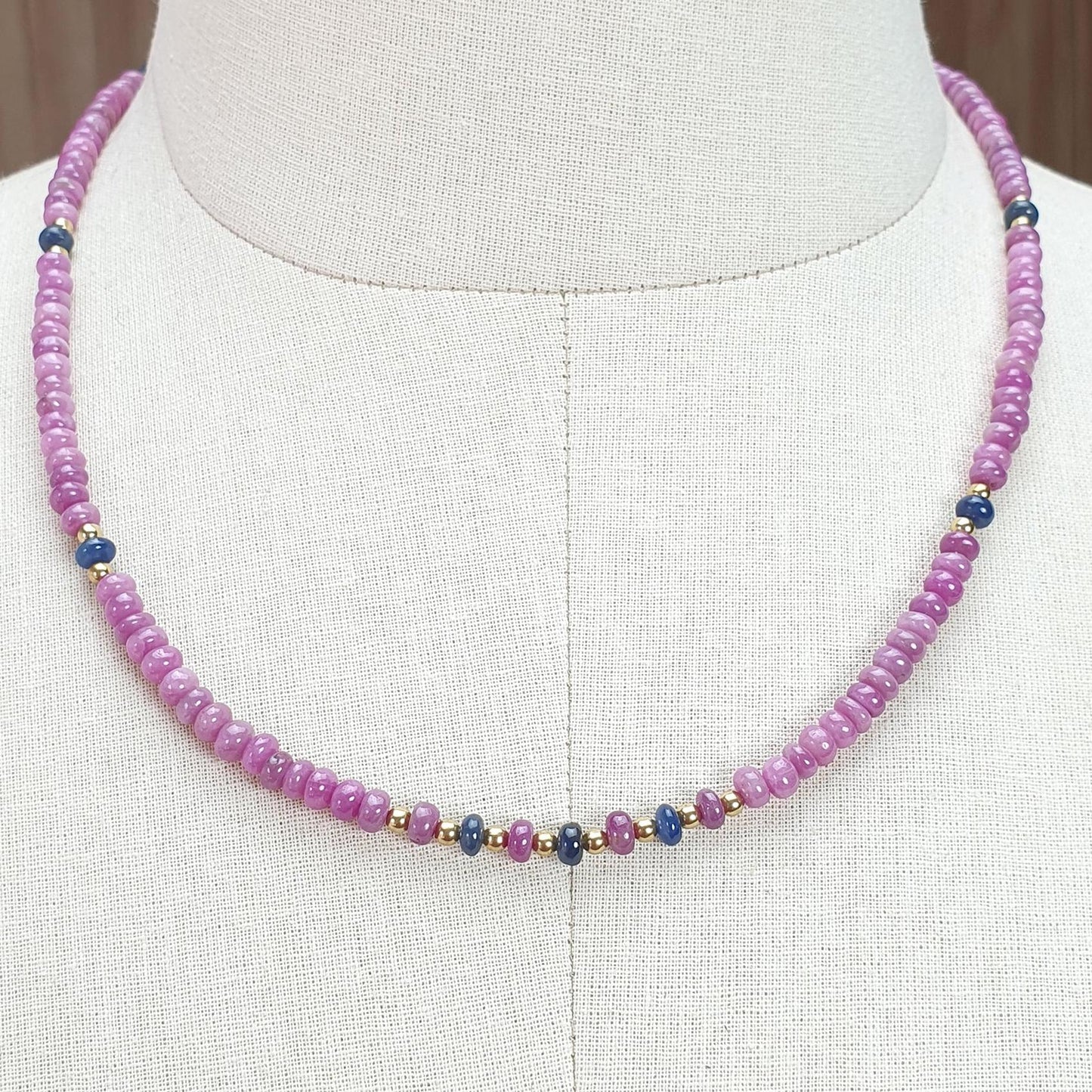 Ruby Gemstone Beads Necklace: 23gms Natural Untreated Ruby, Blue Sapphire Plain Rondelle Brass Necklace 4.5mm - 5mm 18"