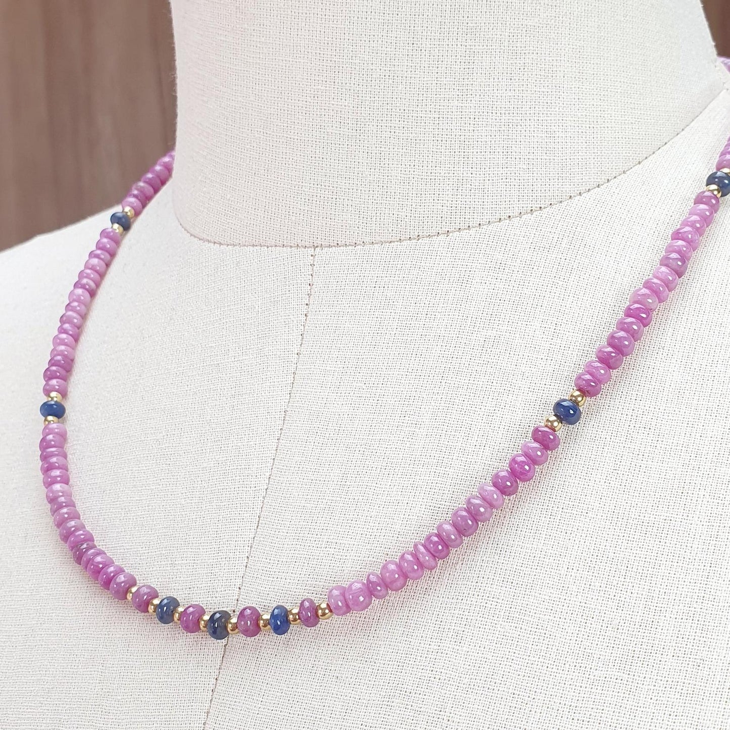 Ruby Gemstone Beads Necklace: 23gms Natural Untreated Ruby, Blue Sapphire Plain Rondelle Brass Necklace 4.5mm - 5mm 18"