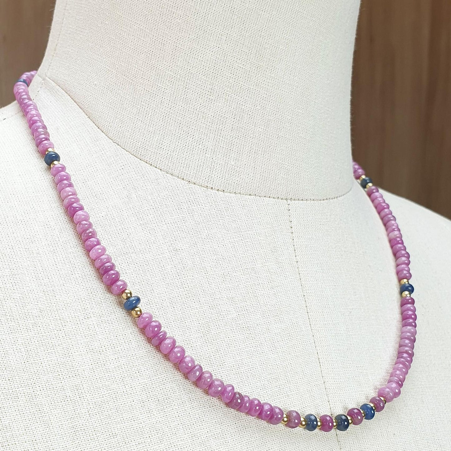 Ruby Gemstone Beads Necklace: 23gms Natural Untreated Ruby, Blue Sapphire Plain Rondelle Brass Necklace 4.5mm - 5mm 18"