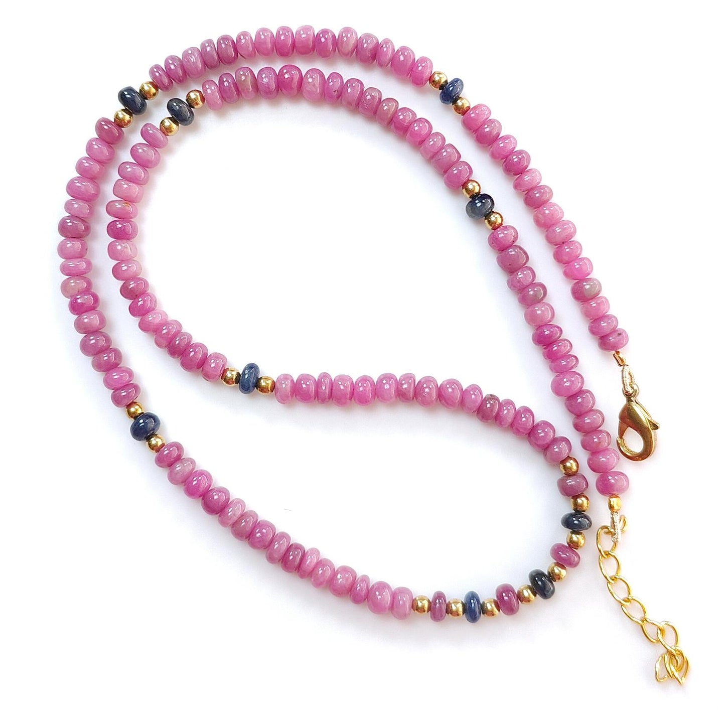 Ruby Gemstone Beads Necklace: 23gms Natural Untreated Ruby, Blue Sapphire Plain Rondelle Brass Necklace 4.5mm - 5mm 18"