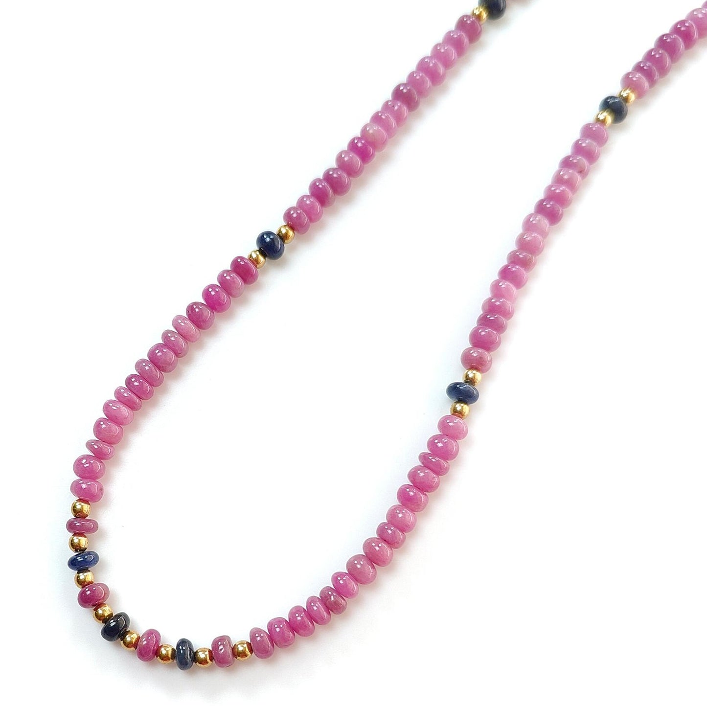 Ruby Gemstone Beads Necklace: 23gms Natural Untreated Ruby, Blue Sapphire Plain Rondelle Brass Necklace 4.5mm - 5mm 18"