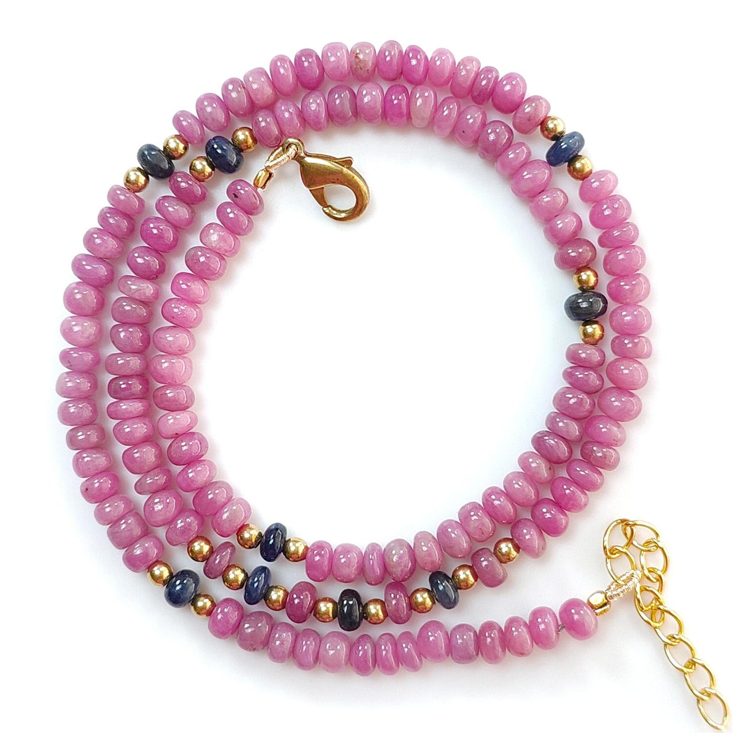 Ruby Gemstone Beads Necklace: 23gms Natural Untreated Ruby, Blue Sapphire Plain Rondelle Brass Necklace 4.5mm - 5mm 18"