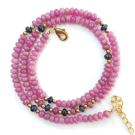 Ruby Gemstone Beads Necklace: 23gms Natural Untreated Ruby, Blue Sapphire Plain Rondelle Brass Necklace 4.5mm - 5mm 18"