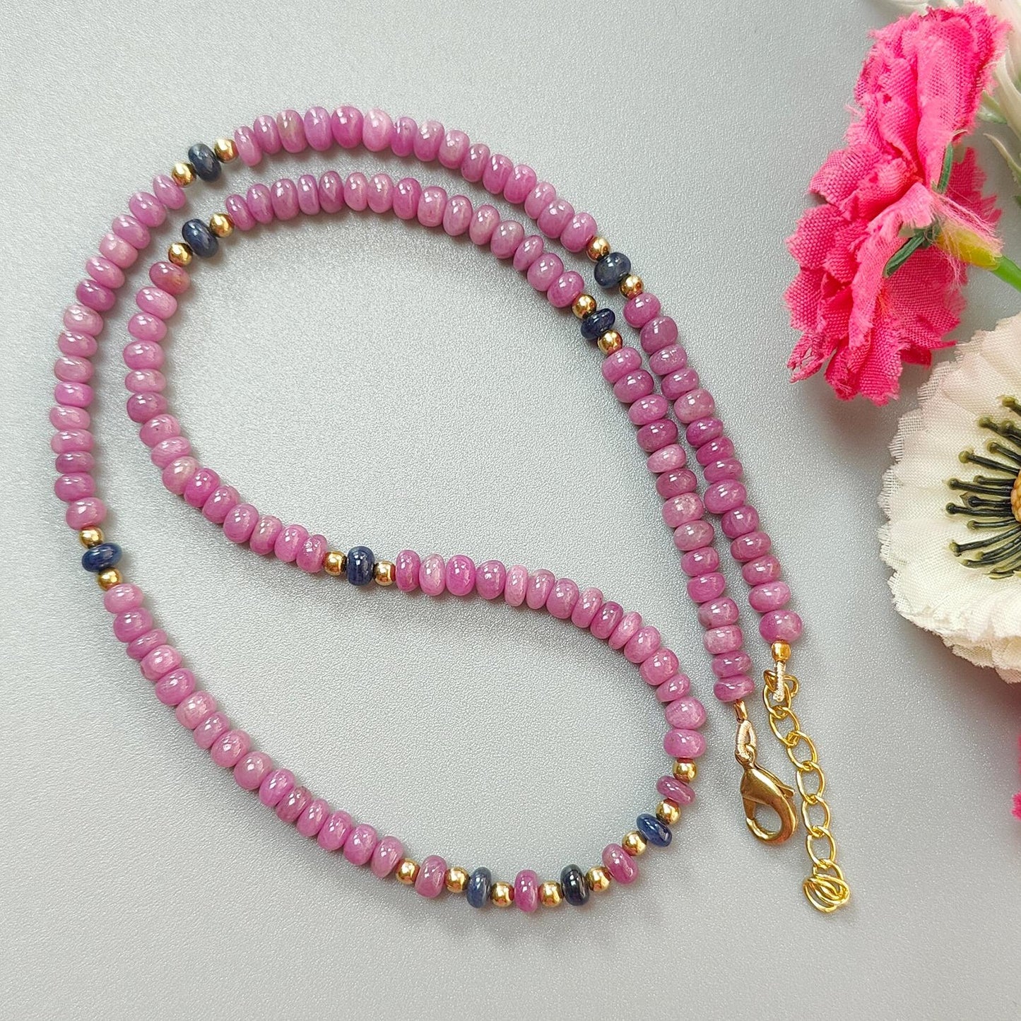 Ruby Gemstone Beads Necklace: 23gms Natural Untreated Ruby, Blue Sapphire Plain Rondelle Brass Necklace 4.5mm - 5mm 18"