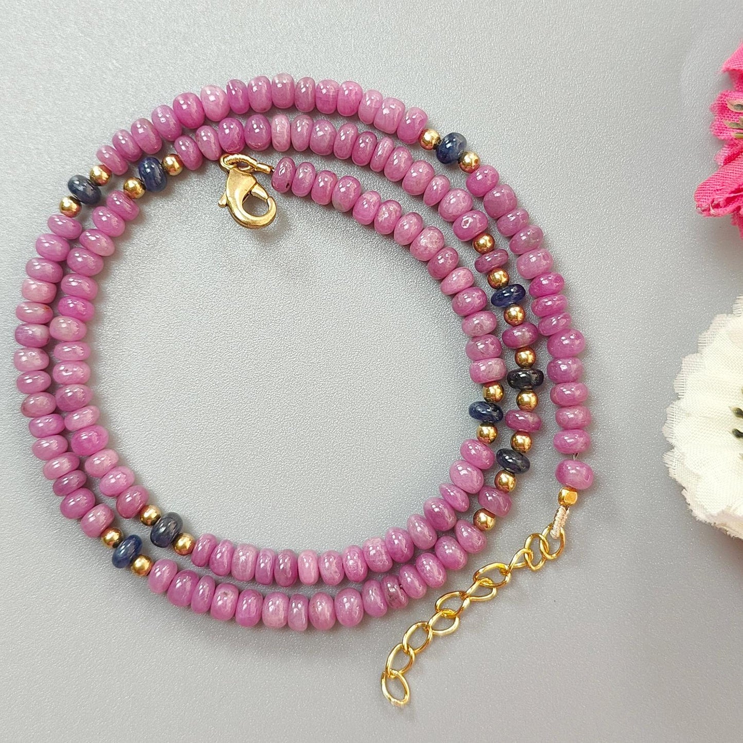 Ruby Gemstone Beads Necklace: 23gms Natural Untreated Ruby, Blue Sapphire Plain Rondelle Brass Necklace 4.5mm - 5mm 18"