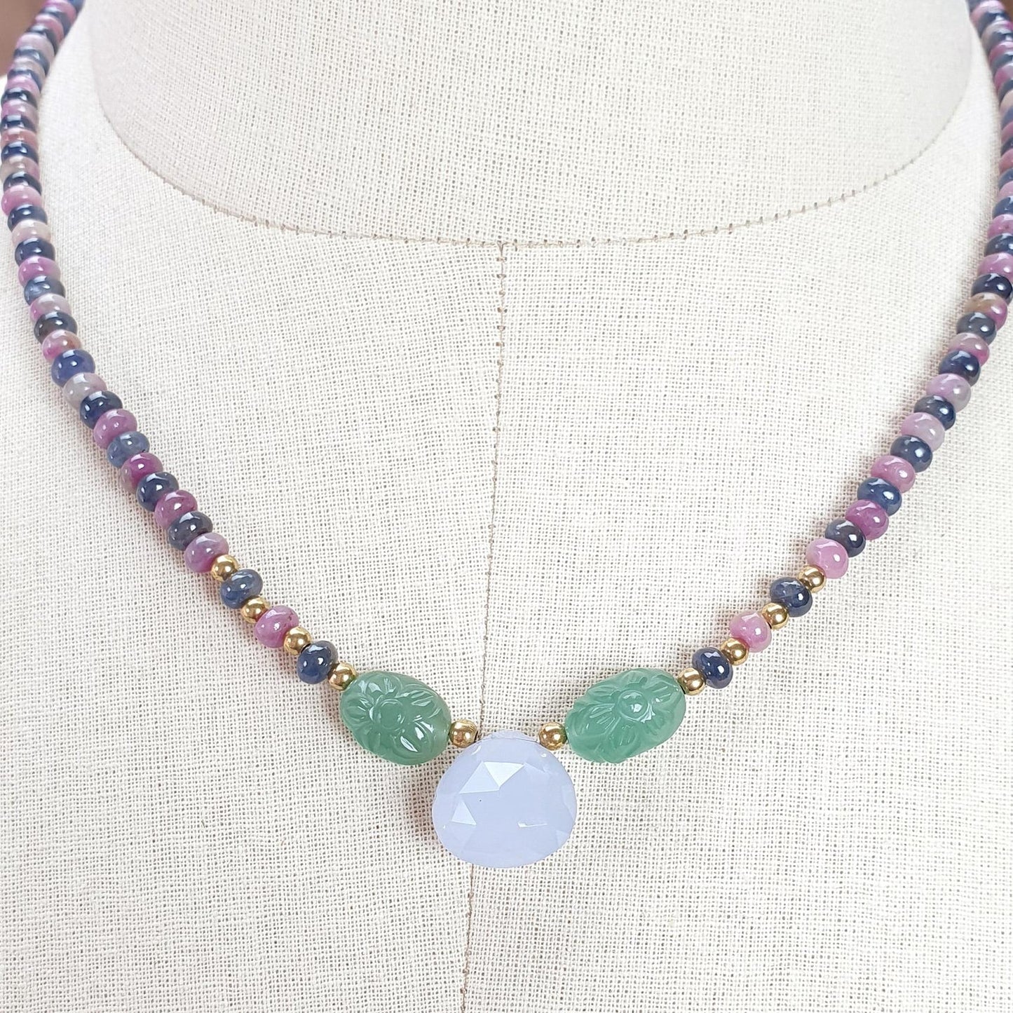 Zoisite Ruby & Blue Sapphire Gemstone Beads Necklace: 24.81gms Natural Quartzite, Blue Chalcedony Plain Rondelle Brass Necklace 4mm-5mm 18"