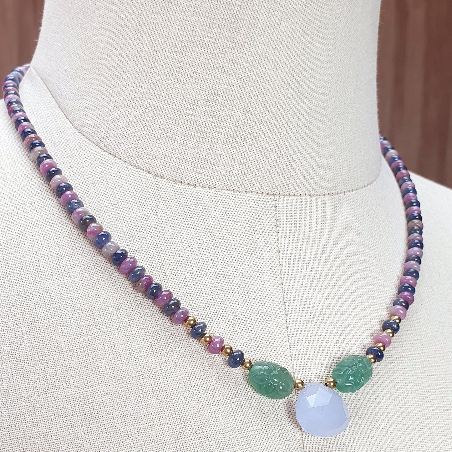 Zoisite Ruby & Blue Sapphire Gemstone Beads Necklace: 24.81gms Natural Quartzite, Blue Chalcedony Plain Rondelle Brass Necklace 4mm-5mm 18"
