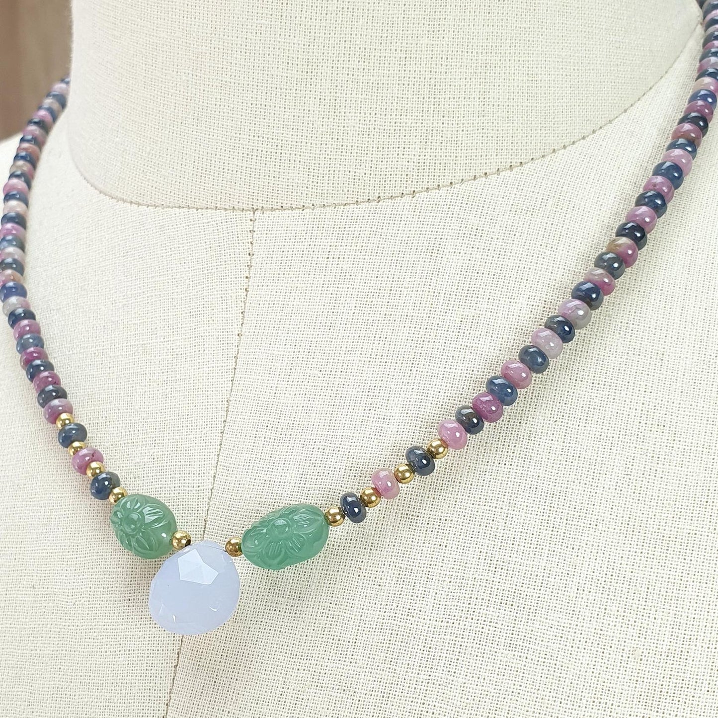Zoisite Ruby & Blue Sapphire Gemstone Beads Necklace: 24.81gms Natural Quartzite, Blue Chalcedony Plain Rondelle Brass Necklace 4mm-5mm 18"