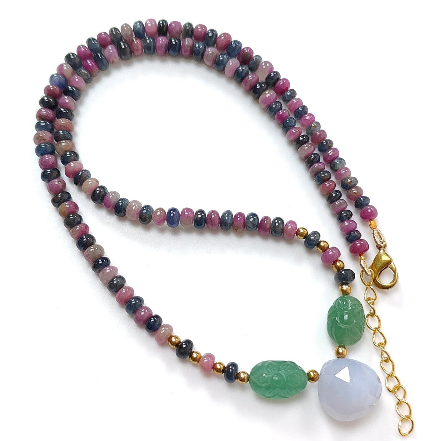 Zoisite Ruby & Blue Sapphire Gemstone Beads Necklace: 24.81gms Natural Quartzite, Blue Chalcedony Plain Rondelle Brass Necklace 4mm-5mm 18"