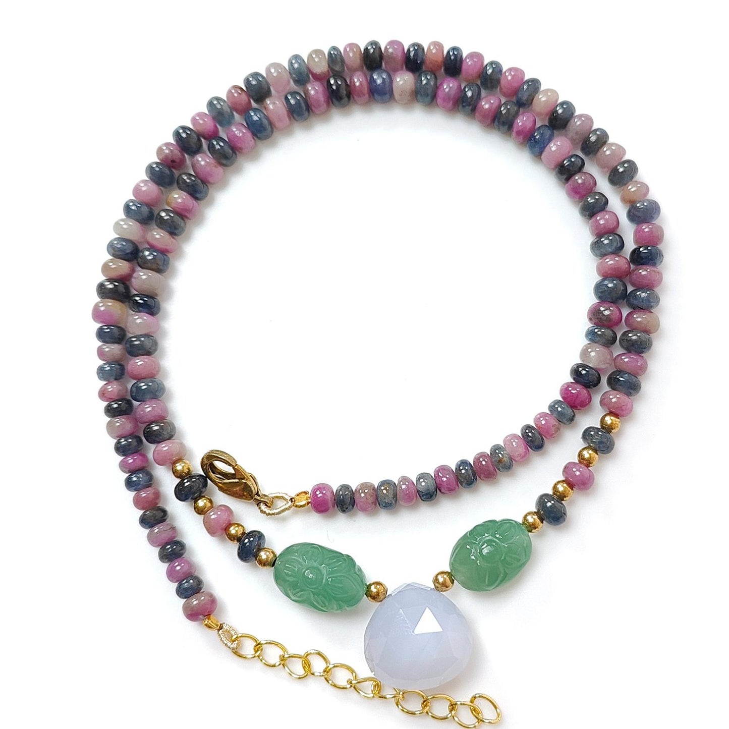 Zoisite Ruby & Blue Sapphire Gemstone Beads Necklace: 24.81gms Natural Quartzite, Blue Chalcedony Plain Rondelle Brass Necklace 4mm-5mm 18"