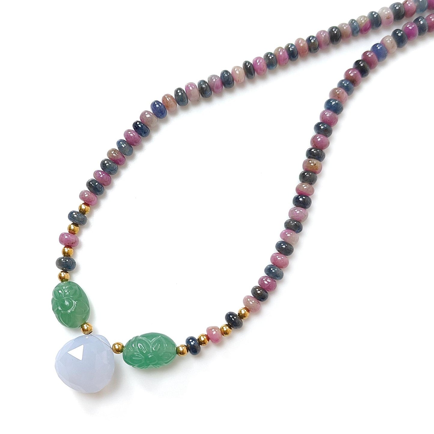 Zoisite Ruby & Blue Sapphire Gemstone Beads Necklace: 24.81gms Natural Quartzite, Blue Chalcedony Plain Rondelle Brass Necklace 4mm-5mm 18"
