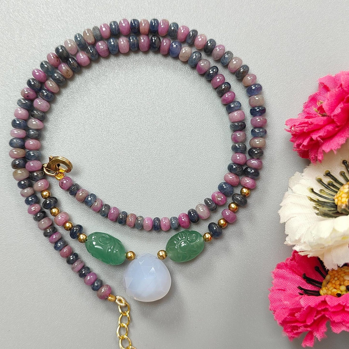 Zoisite Ruby & Blue Sapphire Gemstone Beads Necklace: 24.81gms Natural Quartzite, Blue Chalcedony Plain Rondelle Brass Necklace 4mm-5mm 18"