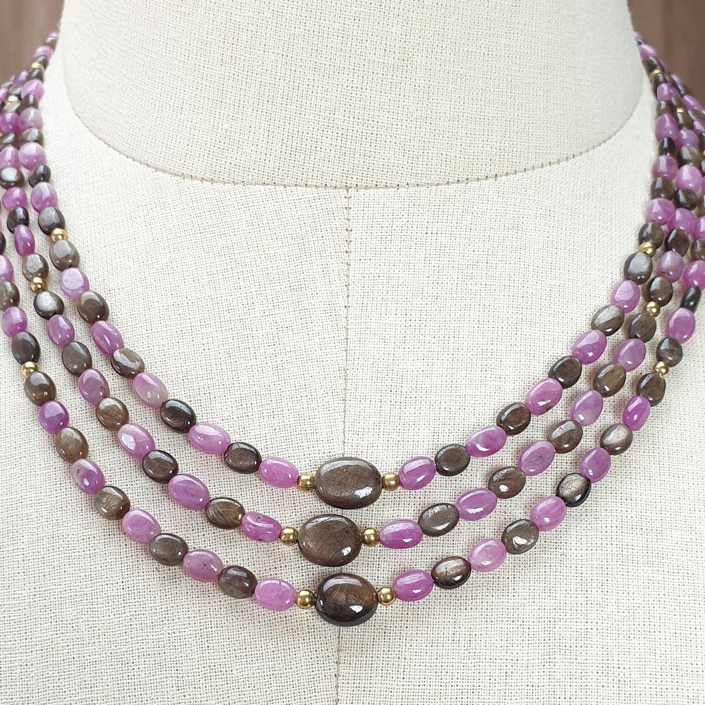 Golden & Pink Sapphire Gemstone Beads Necklace: Natural Untreated Unheated Sapphire Plain Oval Shape Brass Necklace 18" 1 Strand