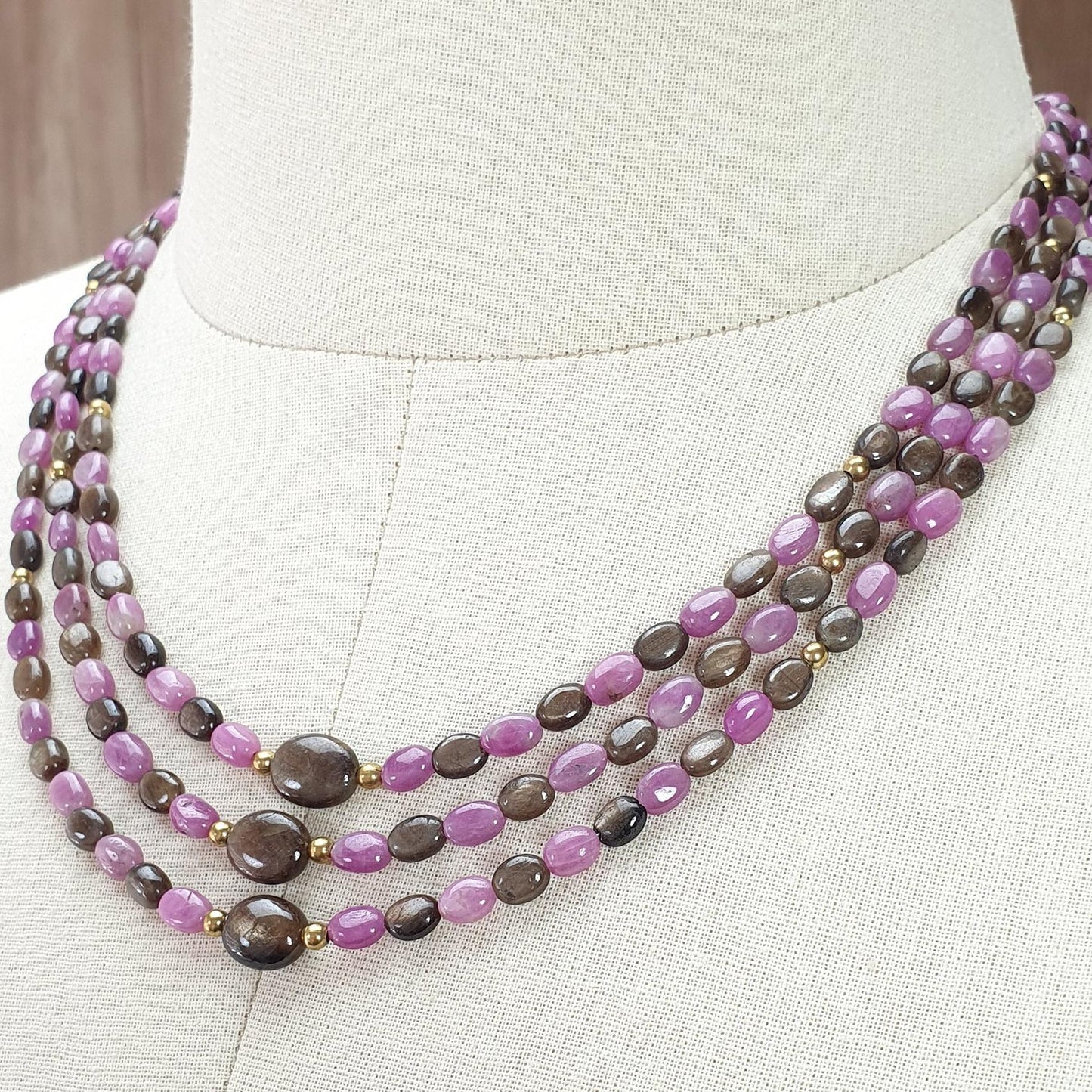 Golden & Pink Sapphire Gemstone Beads Necklace: Natural Untreated Unheated Sapphire Plain Oval Shape Brass Necklace 18" 1 Strand