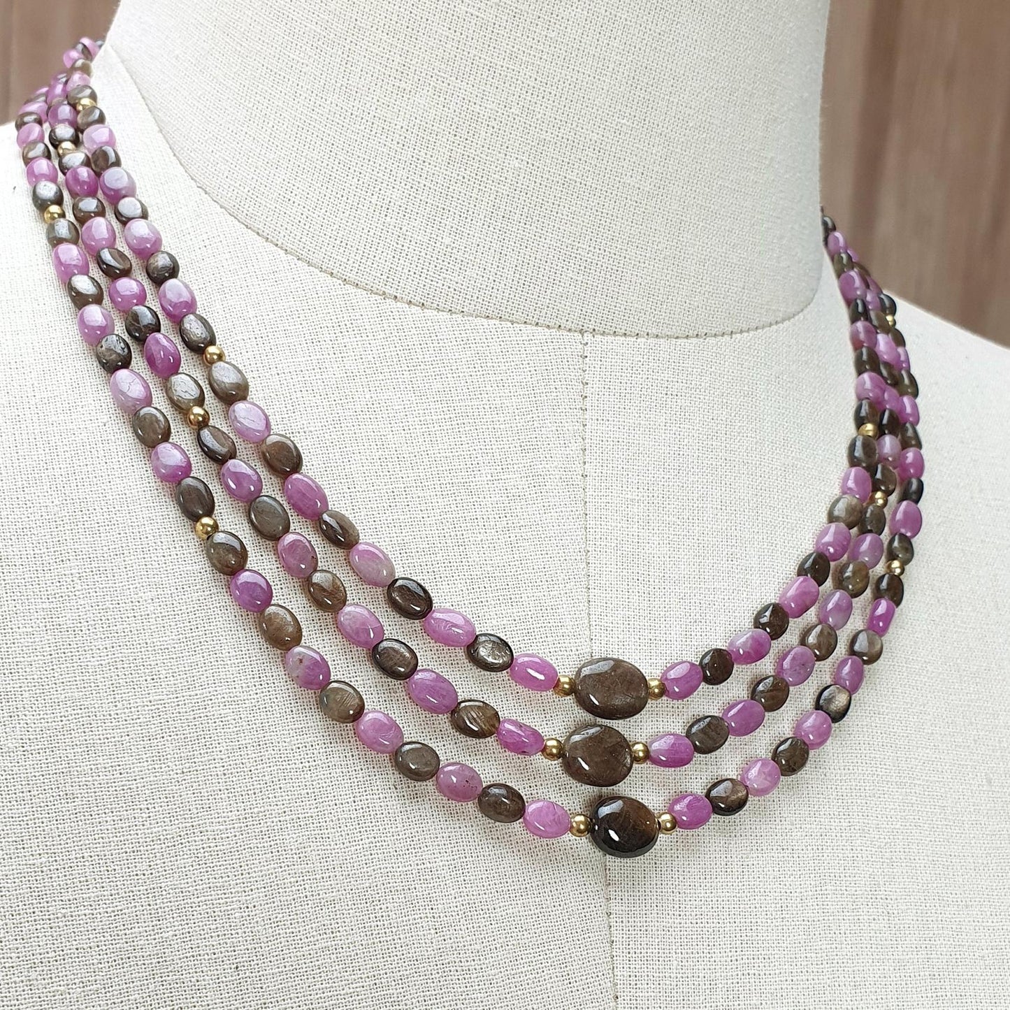 Golden & Pink Sapphire Gemstone Beads Necklace: Natural Untreated Unheated Sapphire Plain Oval Shape Brass Necklace 18" 1 Strand