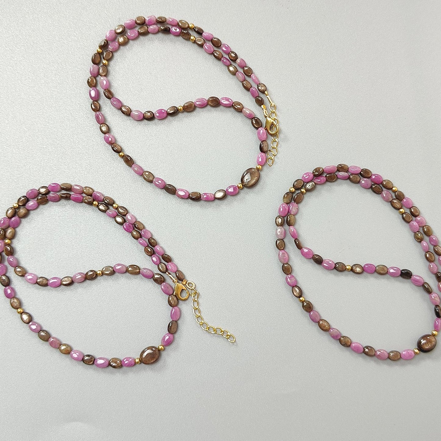 Golden & Pink Sapphire Gemstone Beads Necklace: Natural Untreated Unheated Sapphire Plain Oval Shape Brass Necklace 18" 1 Strand
