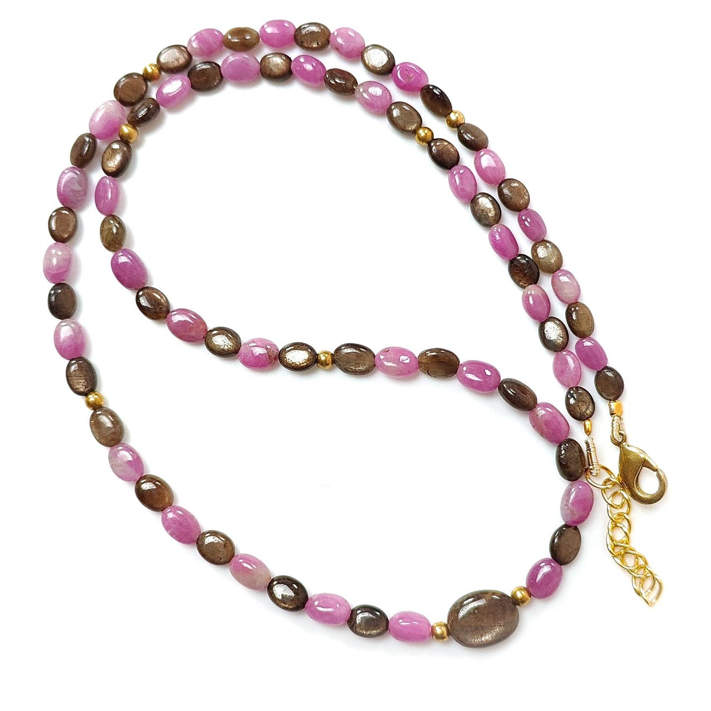 Golden & Pink Sapphire Gemstone Beads Necklace: Natural Untreated Unheated Sapphire Plain Oval Shape Brass Necklace 18" 1 Strand