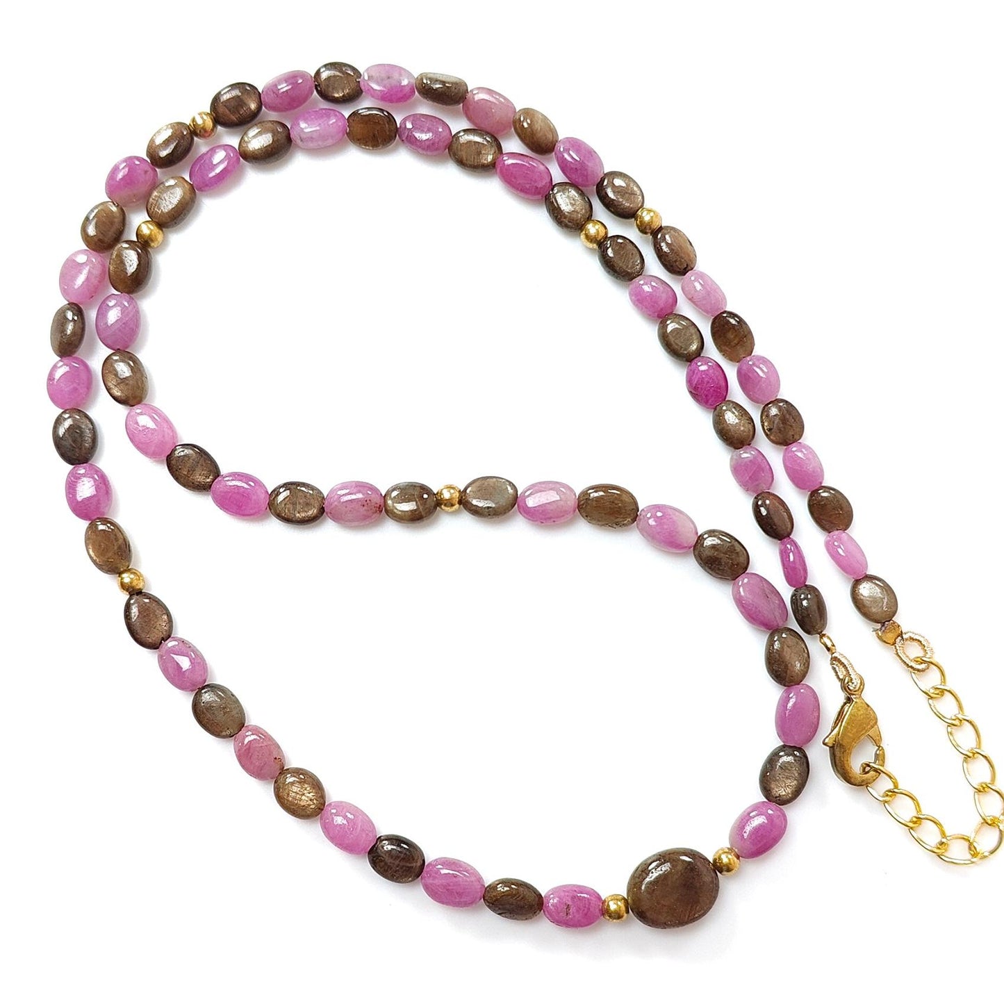 Golden & Pink Sapphire Gemstone Beads Necklace: Natural Untreated Unheated Sapphire Plain Oval Shape Brass Necklace 18" 1 Strand