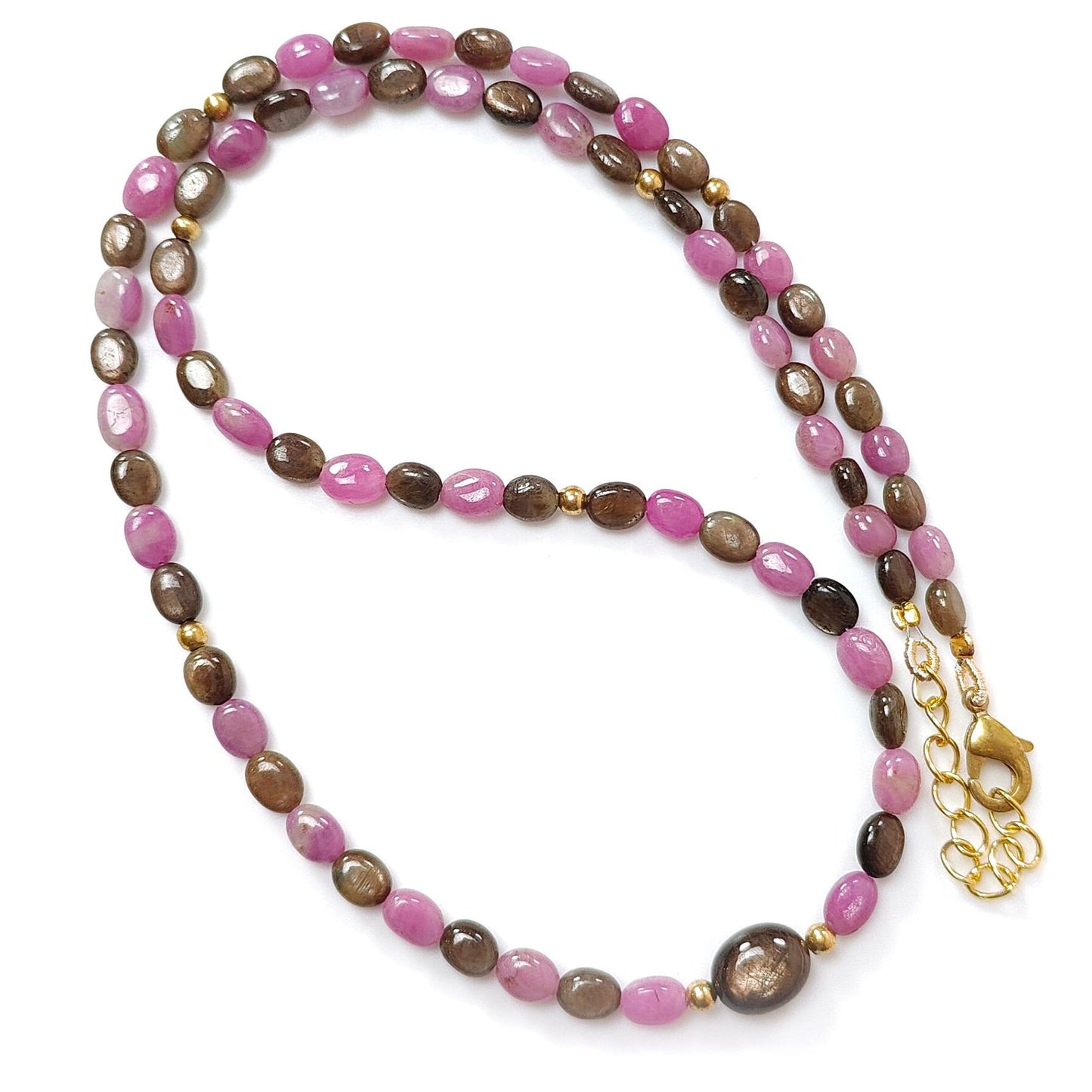 Golden & Pink Sapphire Gemstone Beads Necklace: Natural Untreated Unheated Sapphire Plain Oval Shape Brass Necklace 18" 1 Strand
