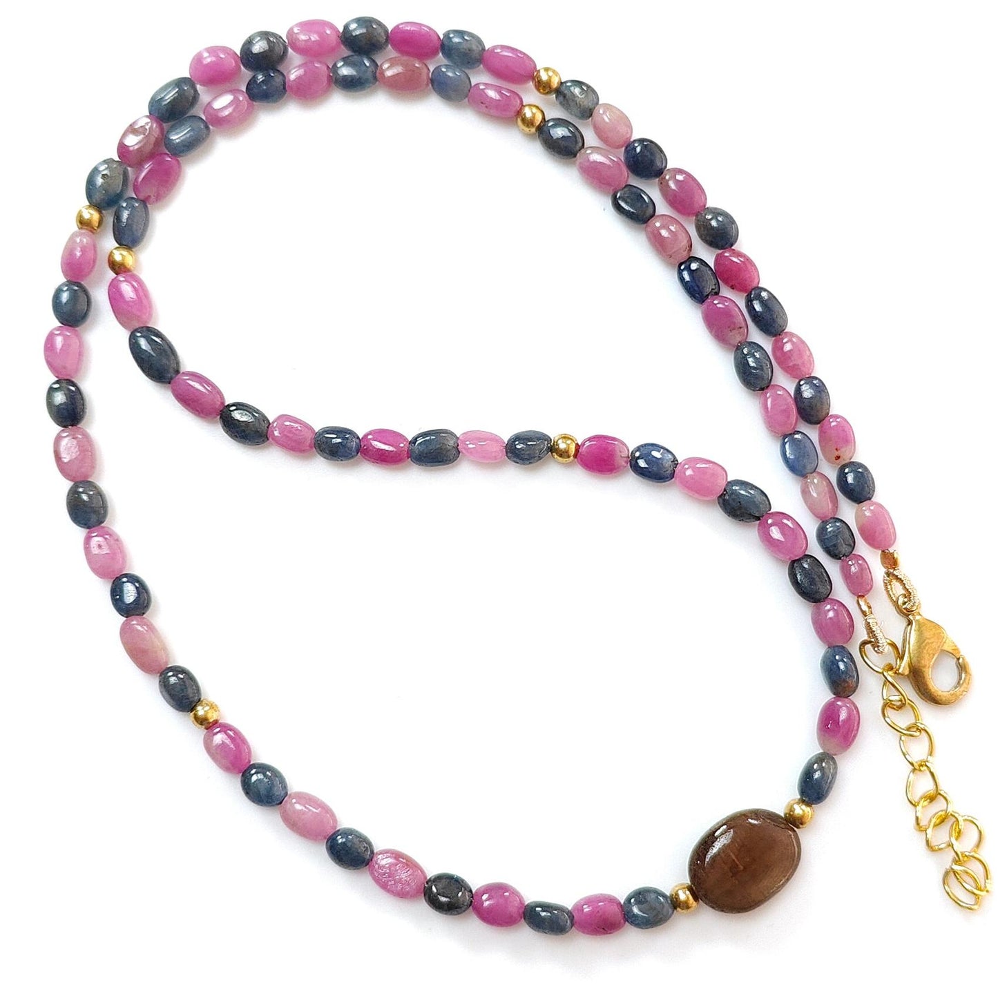 Pink & Blue Sapphire Gemstone Beads Necklace: Natural Untreated Unheated Sapphire Plain Oval Shape Brass Necklace 18" 1 Strand