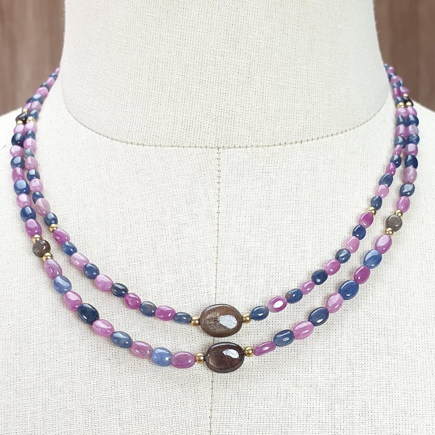 Pink & Blue Sapphire Gemstone Beads Necklace: Natural Untreated Unheated Sapphire Plain Oval Shape Brass Necklace 18" 1 Strand