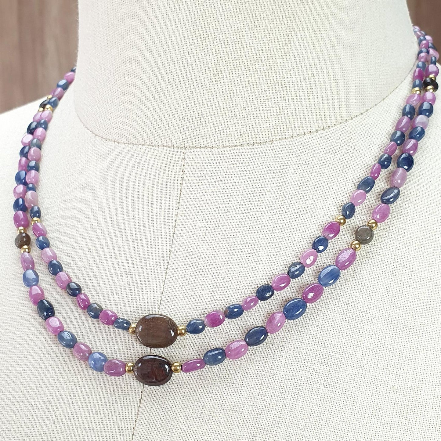 Pink & Blue Sapphire Gemstone Beads Necklace: Natural Untreated Unheated Sapphire Plain Oval Shape Brass Necklace 18" 1 Strand