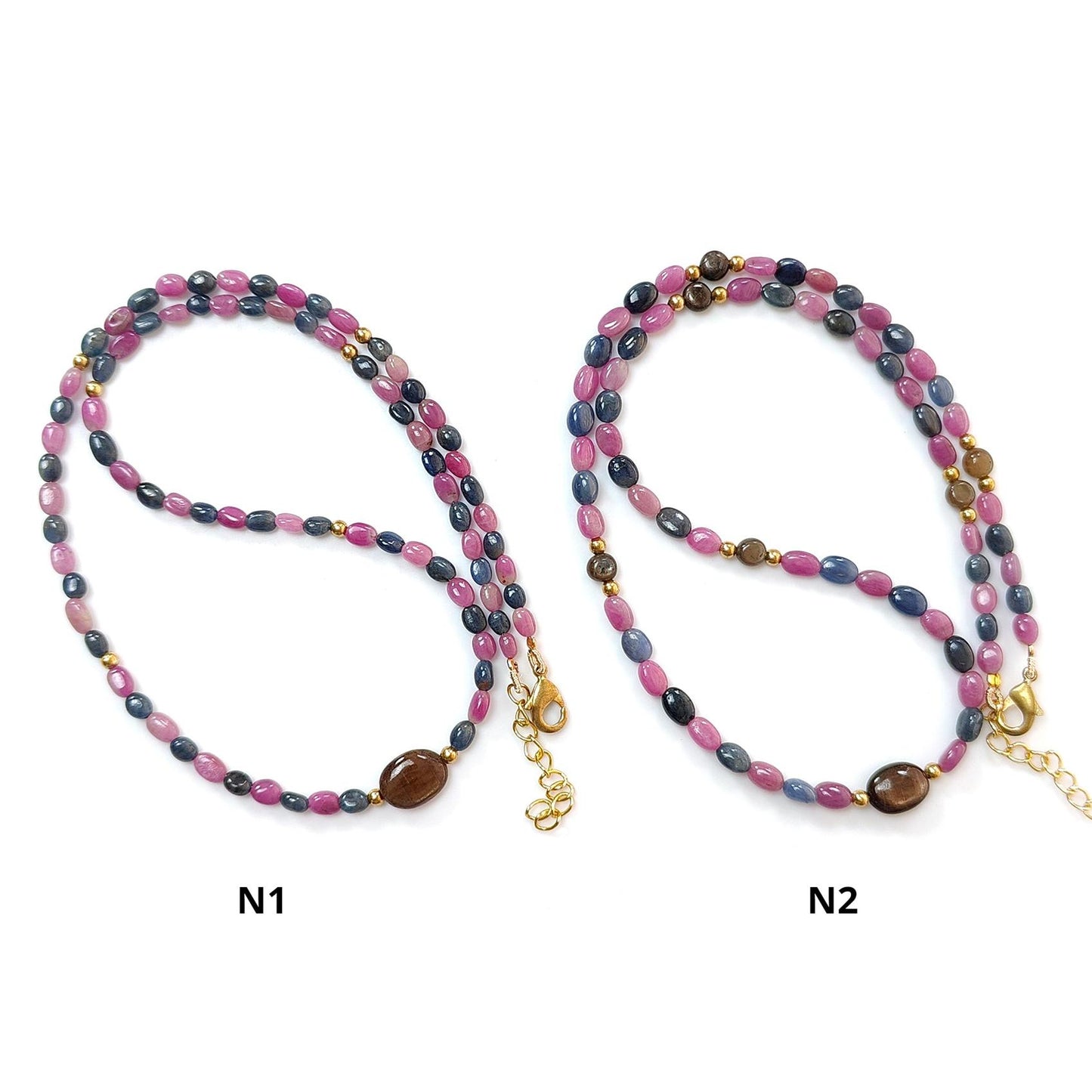 Pink & Blue Sapphire Gemstone Beads Necklace: Natural Untreated Unheated Sapphire Plain Oval Shape Brass Necklace 18" 1 Strand