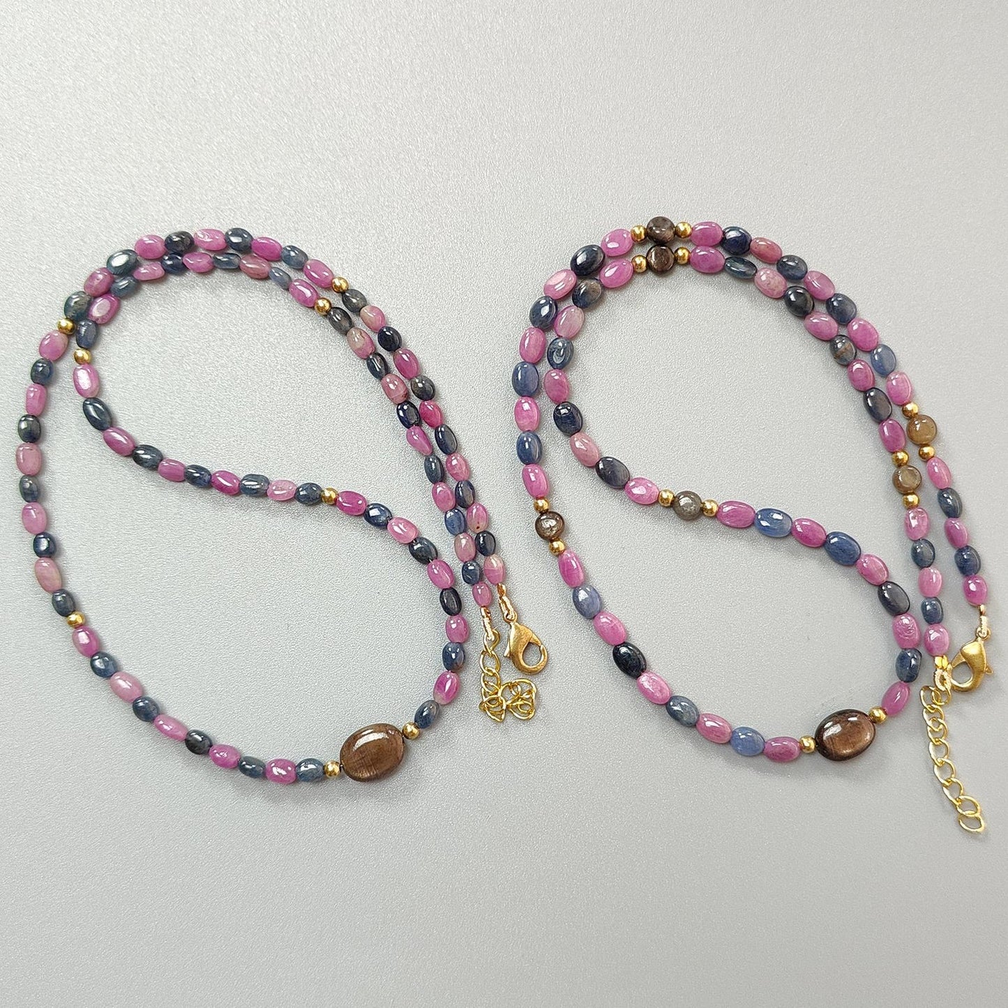 Pink & Blue Sapphire Gemstone Beads Necklace: Natural Untreated Unheated Sapphire Plain Oval Shape Brass Necklace 18" 1 Strand