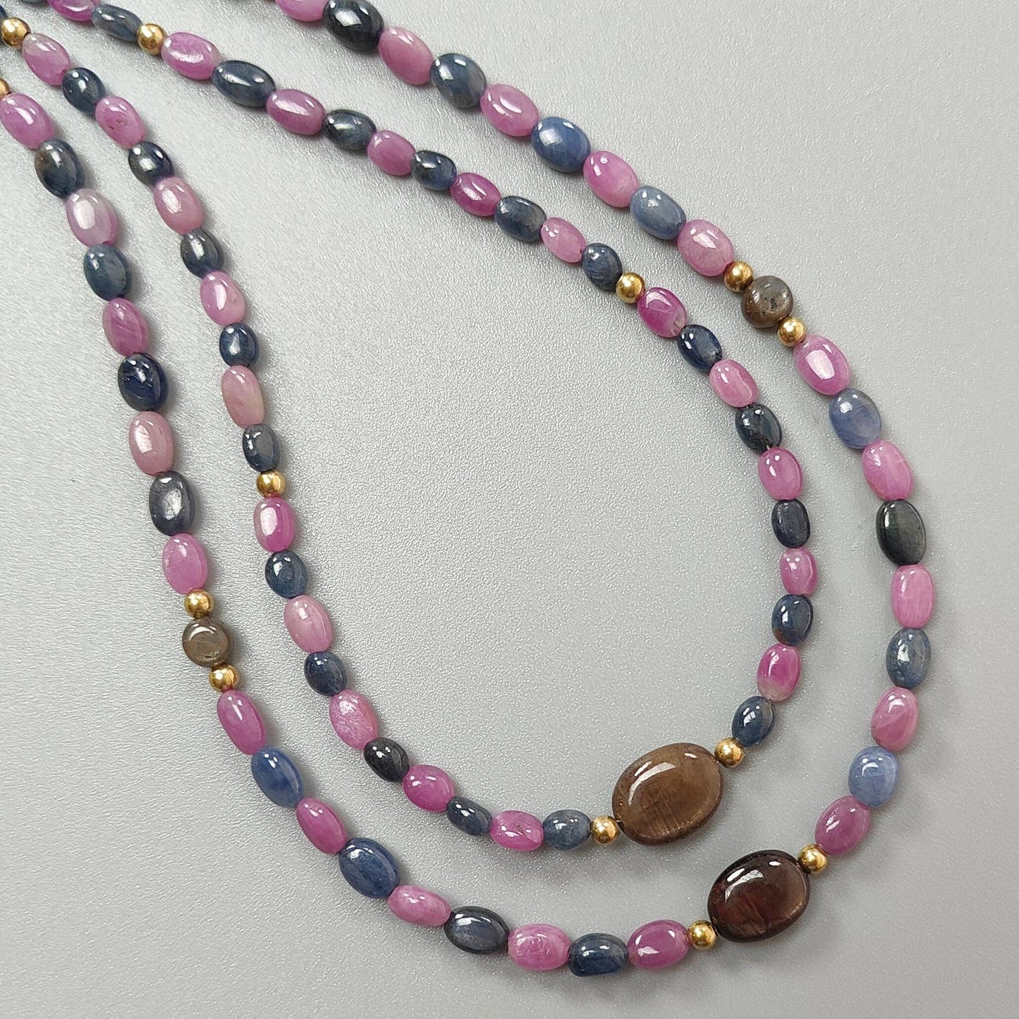 Pink & Blue Sapphire Gemstone Beads Necklace: Natural Untreated Unheated Sapphire Plain Oval Shape Brass Necklace 18" 1 Strand
