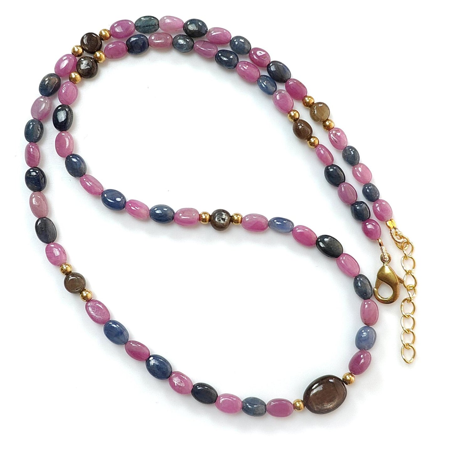 Pink & Blue Sapphire Gemstone Beads Necklace: Natural Untreated Unheated Sapphire Plain Oval Shape Brass Necklace 18" 1 Strand
