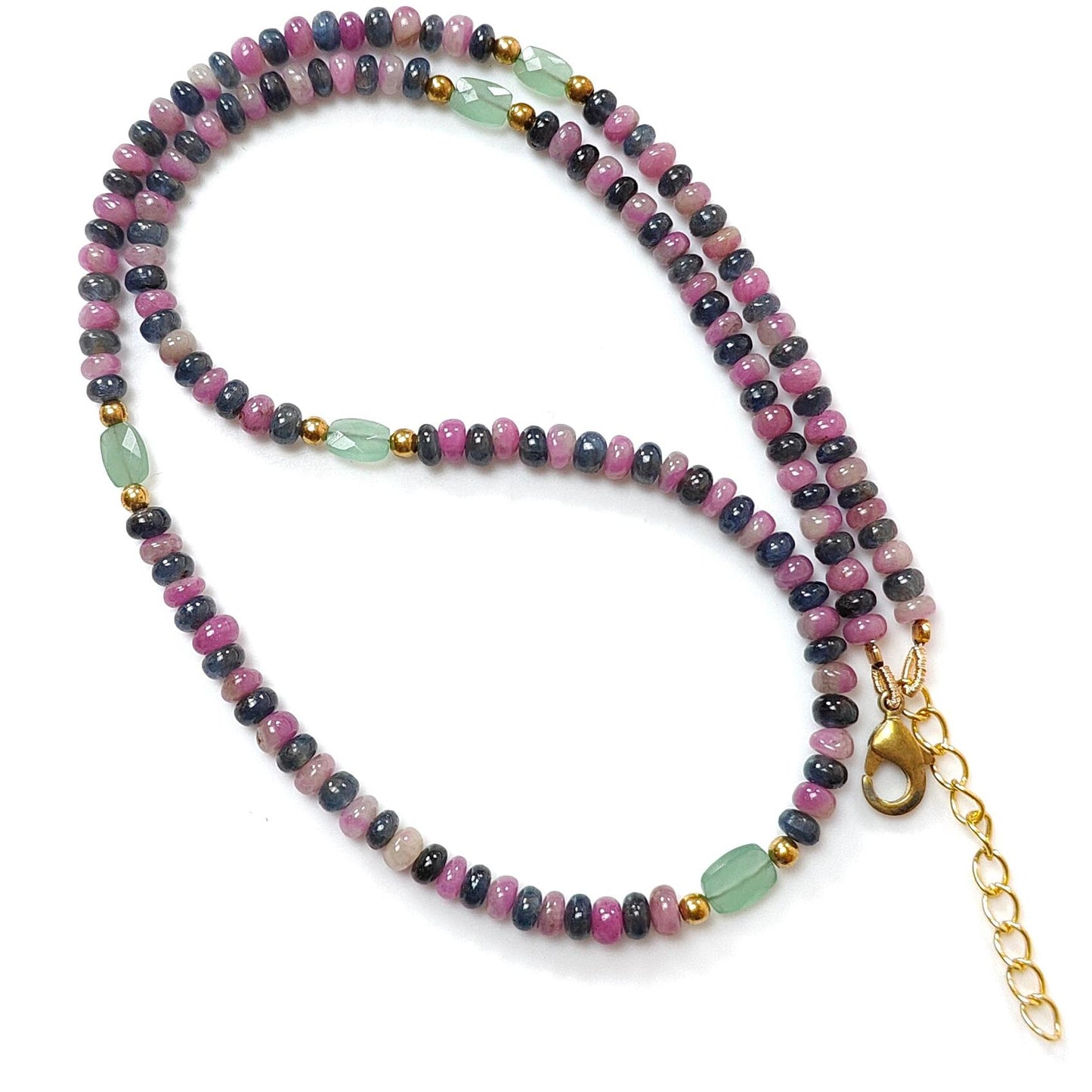 Zoisite Ruby & Blue Sapphire Gemstone Beads Necklace: Natural Untreated Ruby, Green Quartzite Plain Rondelle Brass Necklace 4mm 18" 1 Strand
