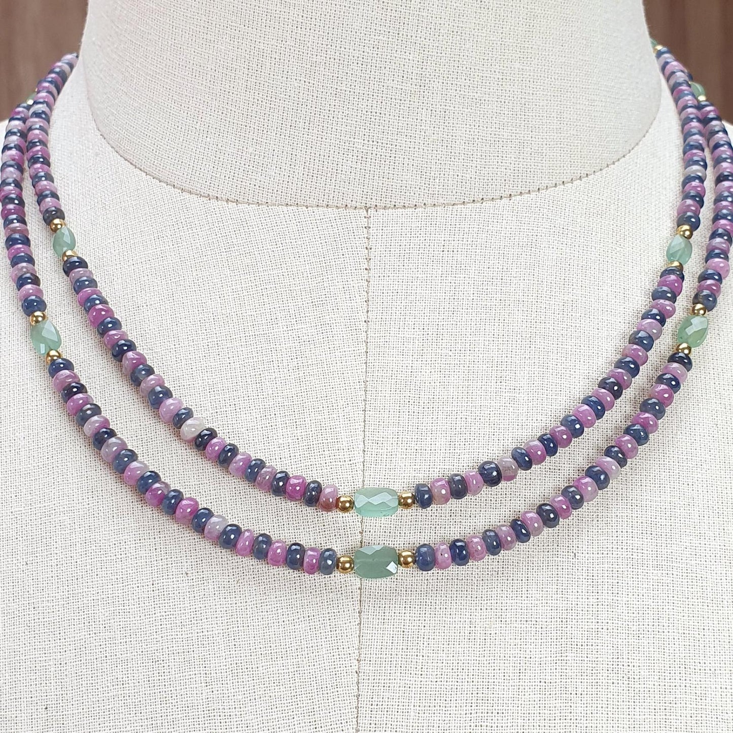 Zoisite Ruby & Blue Sapphire Gemstone Beads Necklace: Natural Untreated Ruby, Green Quartzite Plain Rondelle Brass Necklace 4mm 18" 1 Strand