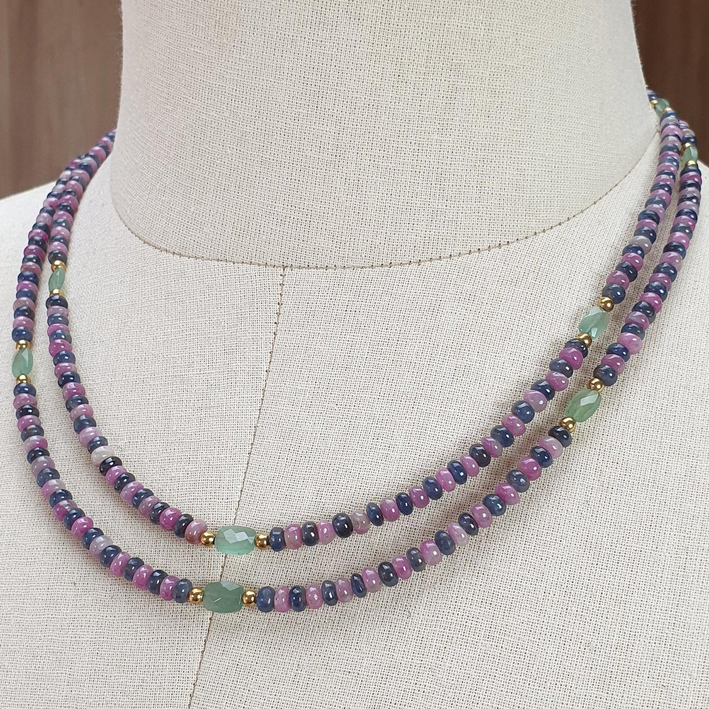 Zoisite Ruby & Blue Sapphire Gemstone Beads Necklace: Natural Untreated Ruby, Green Quartzite Plain Rondelle Brass Necklace 4mm 18" 1 Strand
