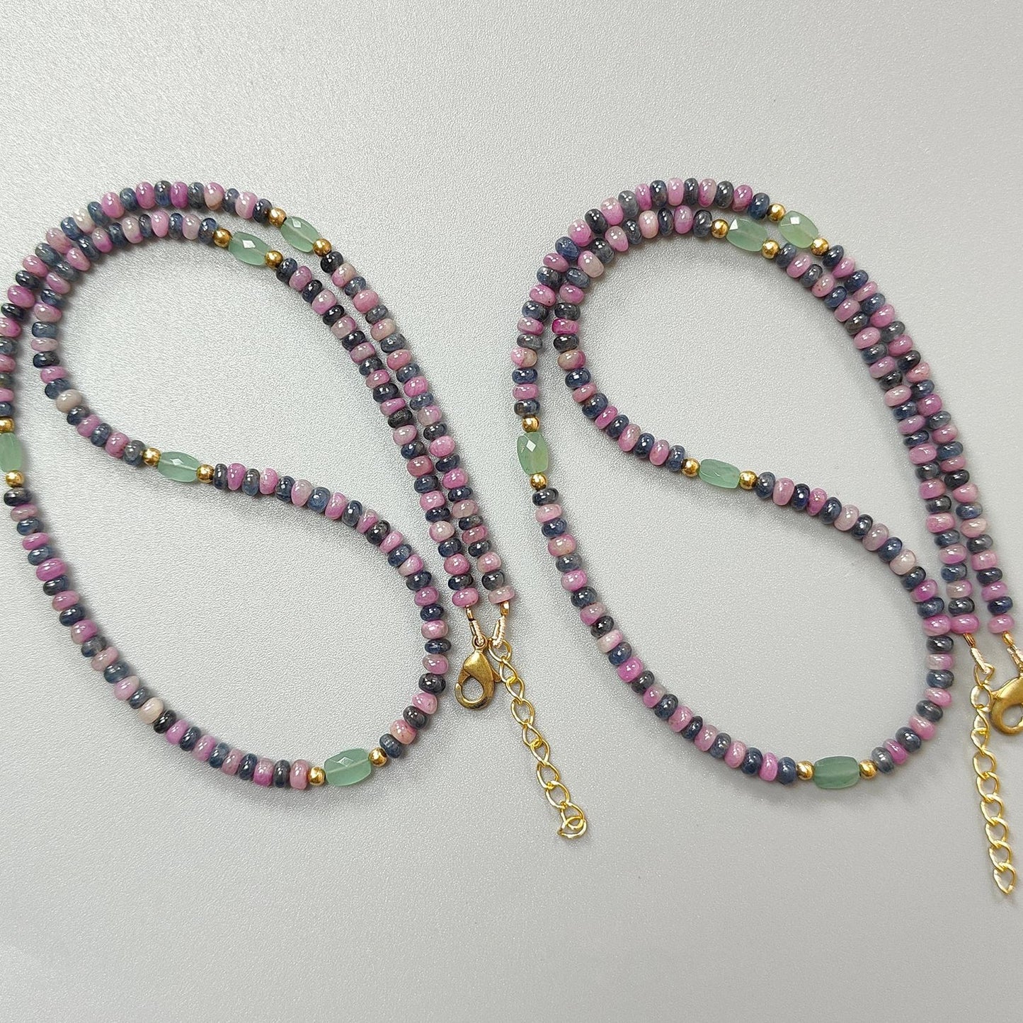 Zoisite Ruby & Blue Sapphire Gemstone Beads Necklace: Natural Untreated Ruby, Green Quartzite Plain Rondelle Brass Necklace 4mm 18" 1 Strand