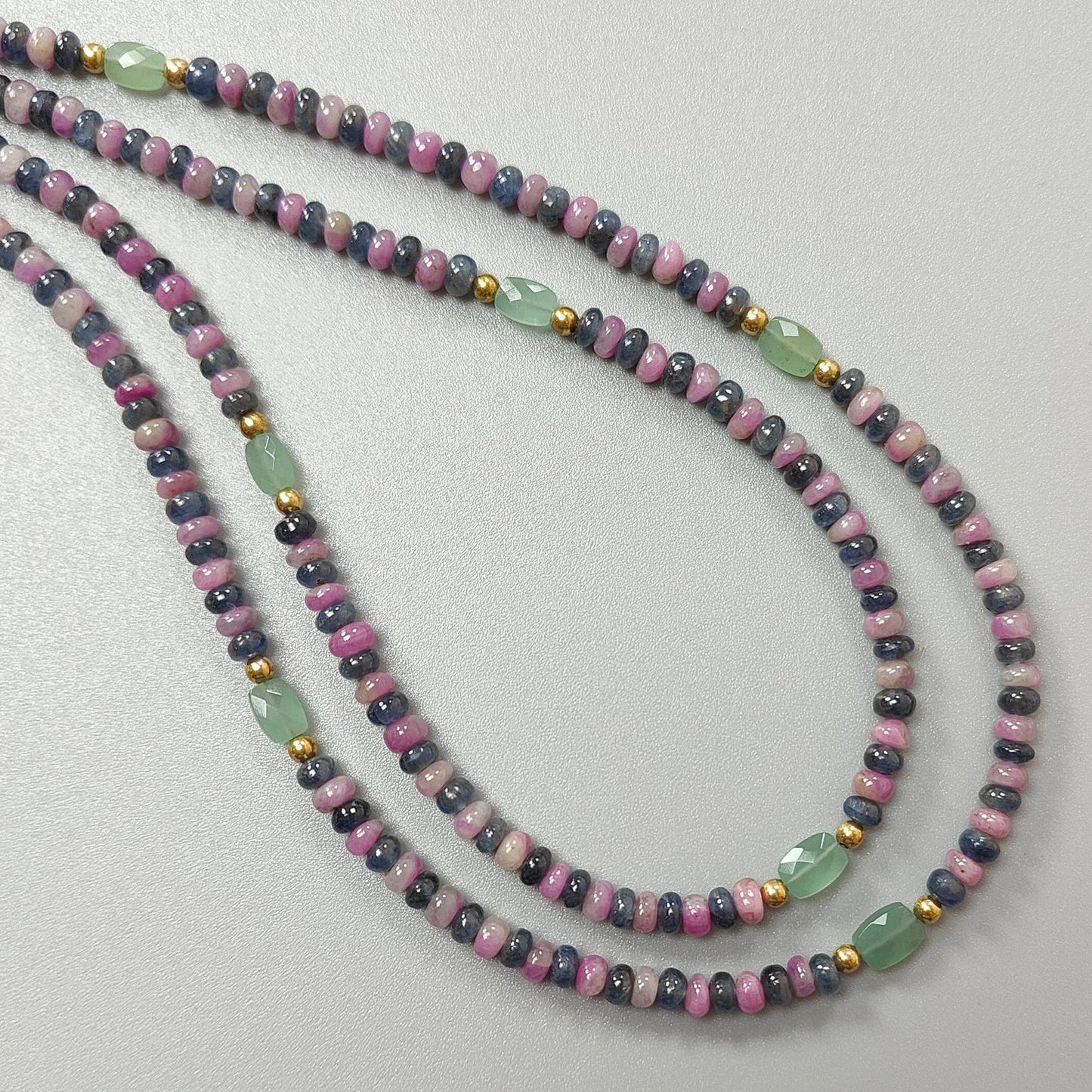Zoisite Ruby & Blue Sapphire Gemstone Beads Necklace: Natural Untreated Ruby, Green Quartzite Plain Rondelle Brass Necklace 4mm 18" 1 Strand