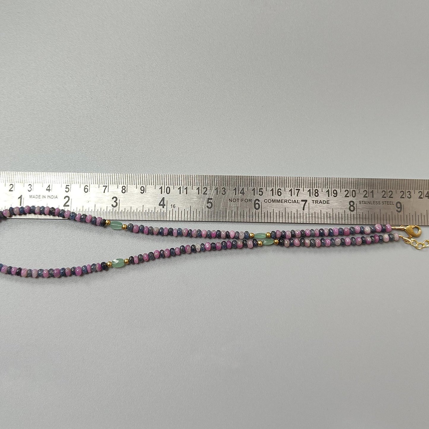 Zoisite Ruby & Blue Sapphire Gemstone Beads Necklace: Natural Untreated Ruby, Green Quartzite Plain Rondelle Brass Necklace 4mm 18" 1 Strand